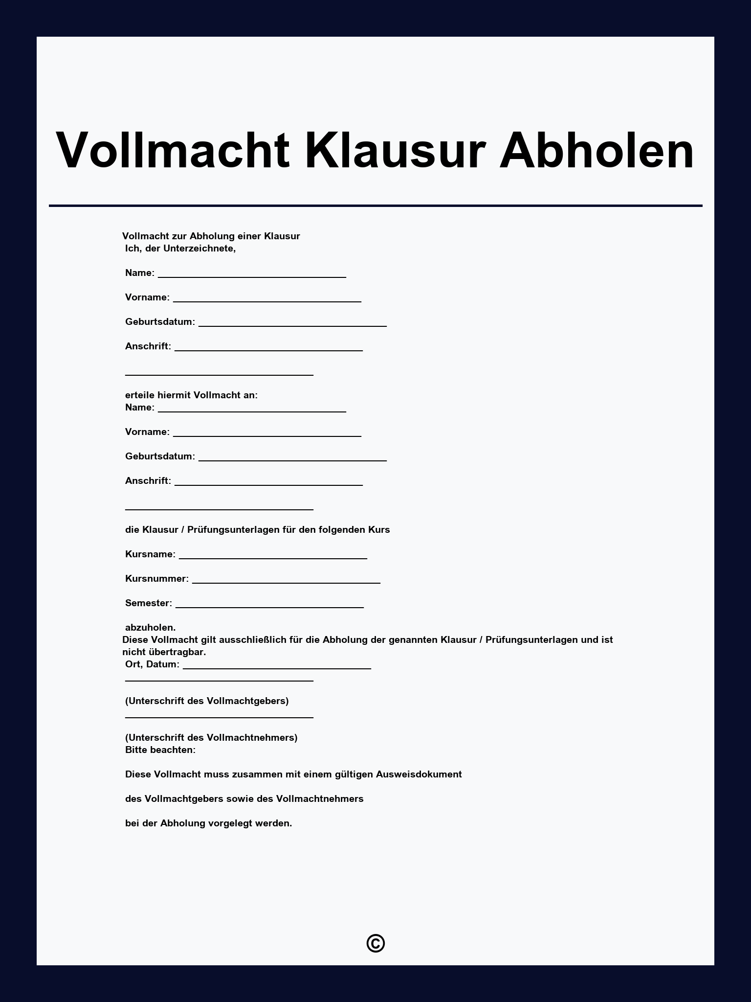 Vollmacht Klausur Abholen
