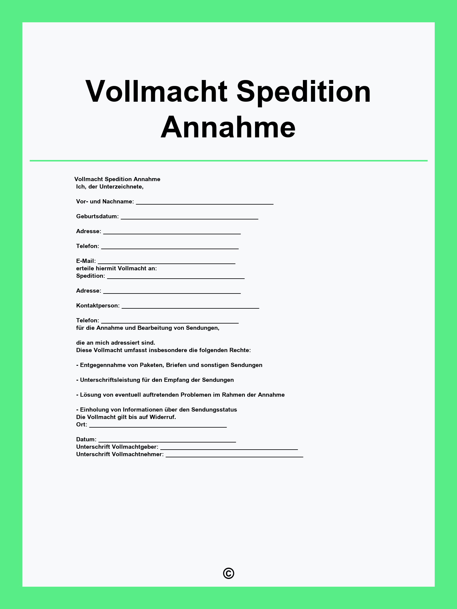 Vollmacht Spedition Annahme